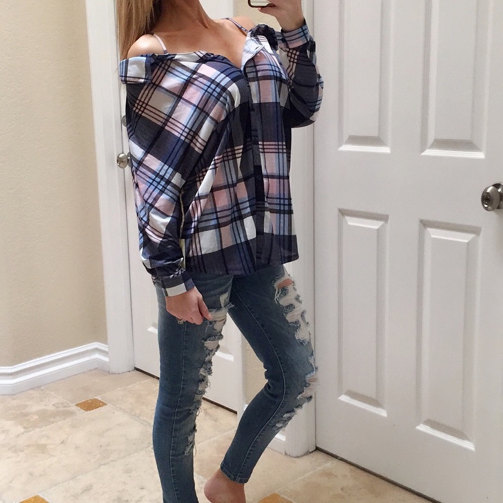 Cold Shoulder Flannel Plaid Shirt - Picture 6 of 8