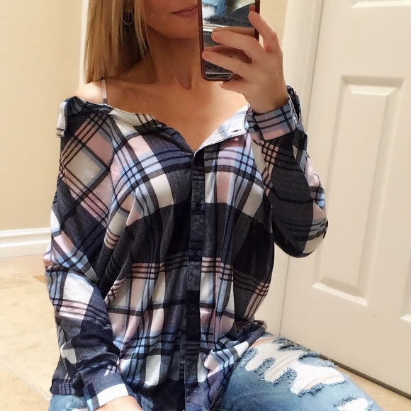 Cold Shoulder Flannel Plaid Shirt - Picture 5 of 8