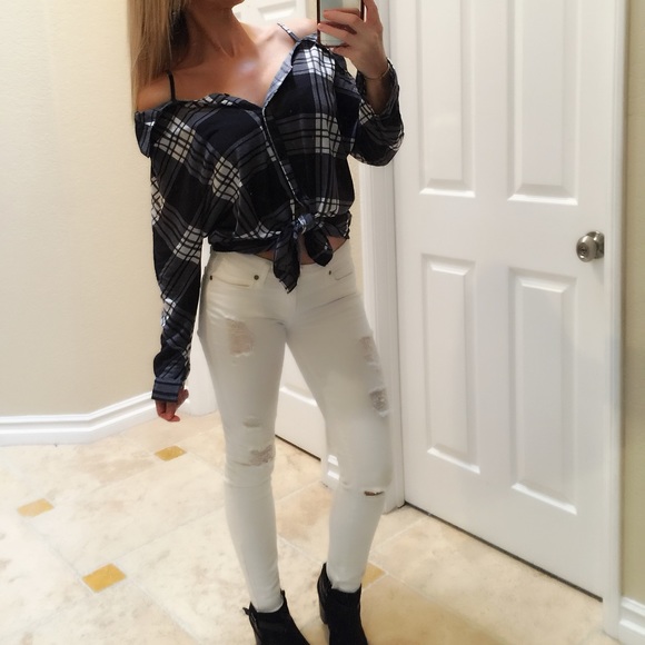 Cold Shoulder Flannel Plaid Shirt - Picture 8 of 8