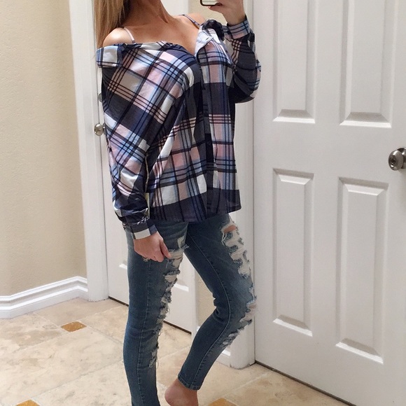 Cold Shoulder Flannel Plaid Shirt - Picture 6 of 8