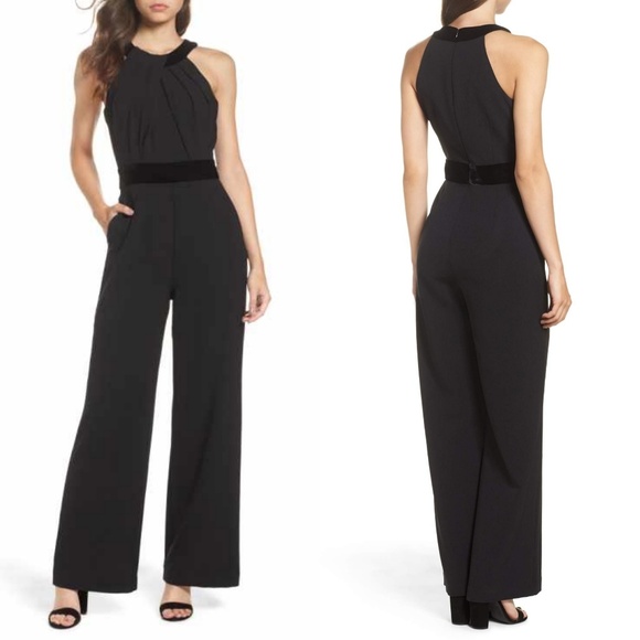 Eliza J Pants - ELIZA J CREPE VELVET NECKLINE JUMPSUIT