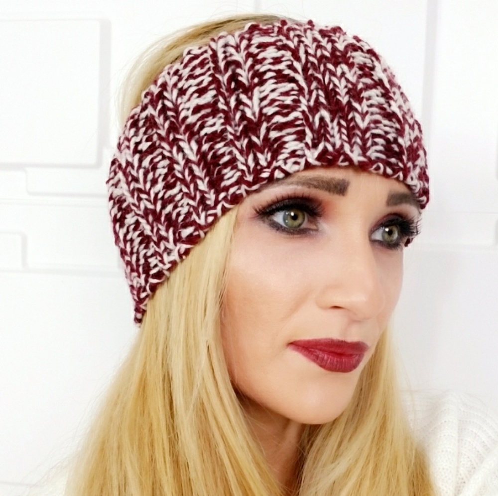 KNITTED HEADBAND BURGUNDY/CREAM - Picture 2 of 3