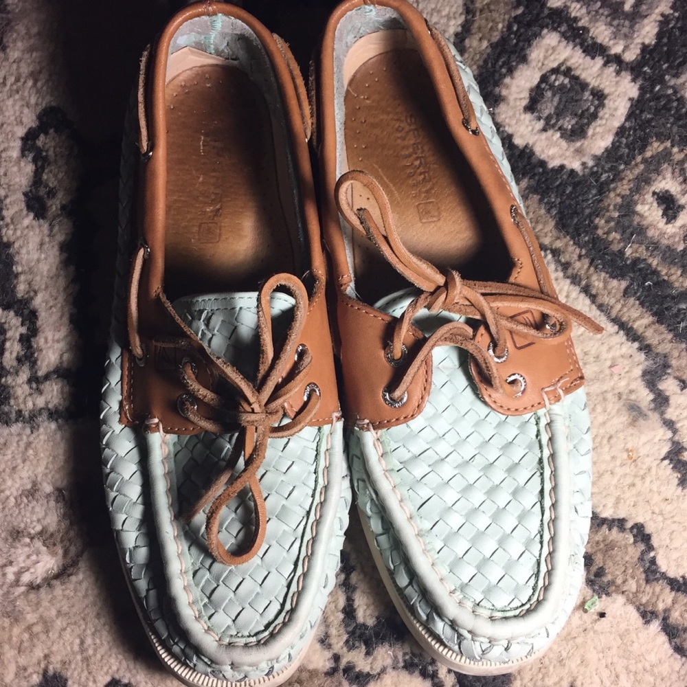 Sperry Leather woven mint green loafers