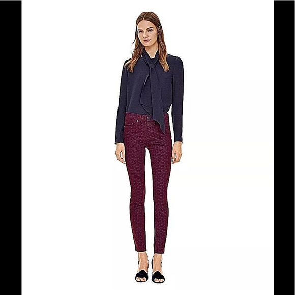 Tory Burch Denim - Tory Burch Printed Burgundy Hi Waist Skinny Jeans