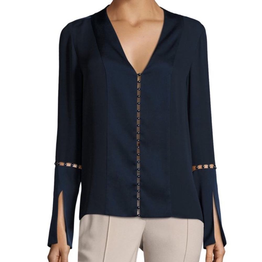 New, with tag, ellie tahari navy vneck silk blouse
