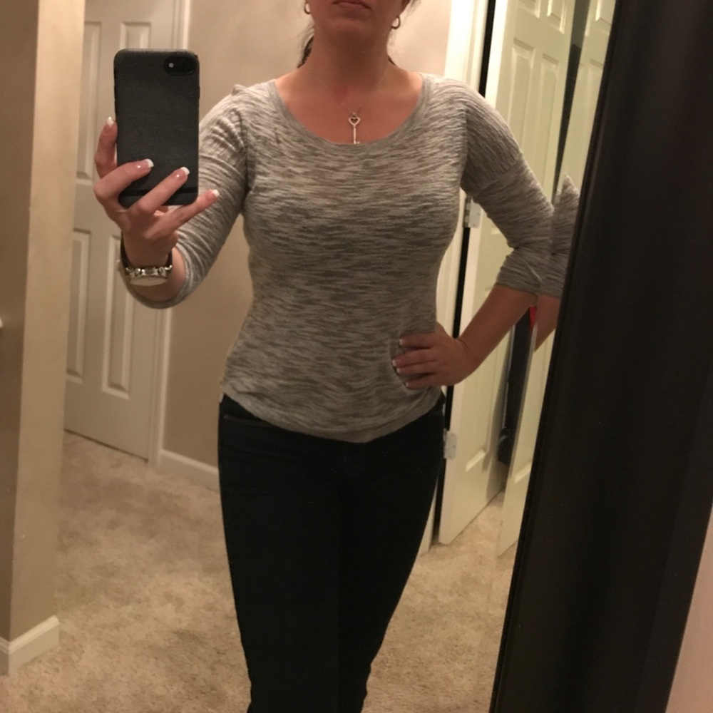 XS ExpressGrey Boat-neck Sweater, Button sleeves.