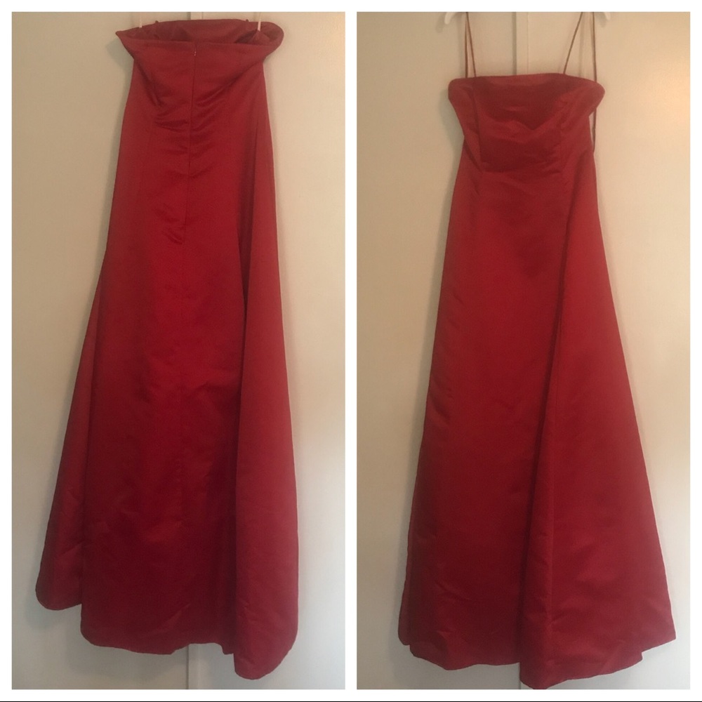 Red formal dress (wedding, prom, winter formal).