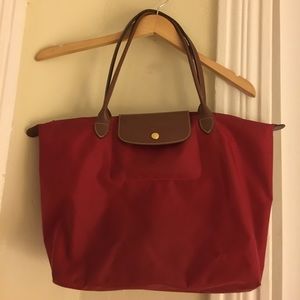 Red Longchamp Tote, tan interior