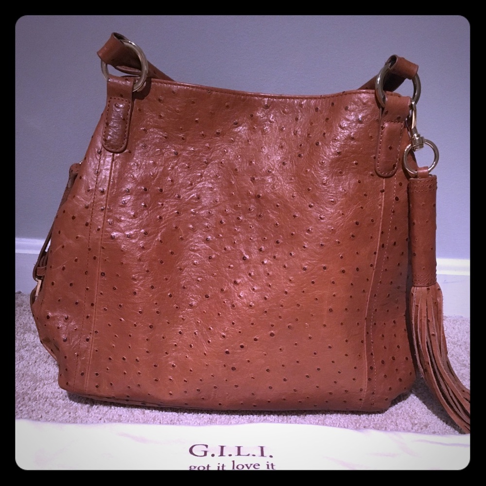 GILI Ostrich Embossed Leather Hobo - Large