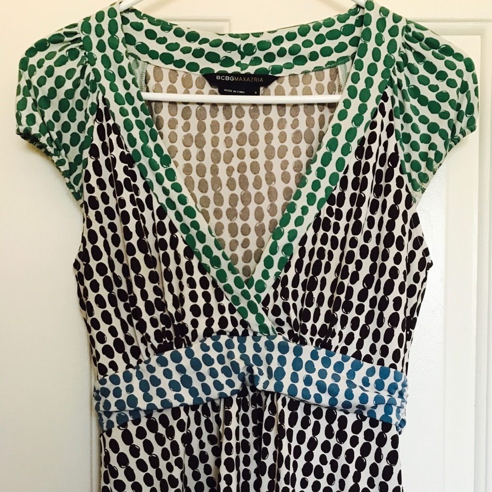 BCBG MAX AZRIA polka dot blouse blue green top