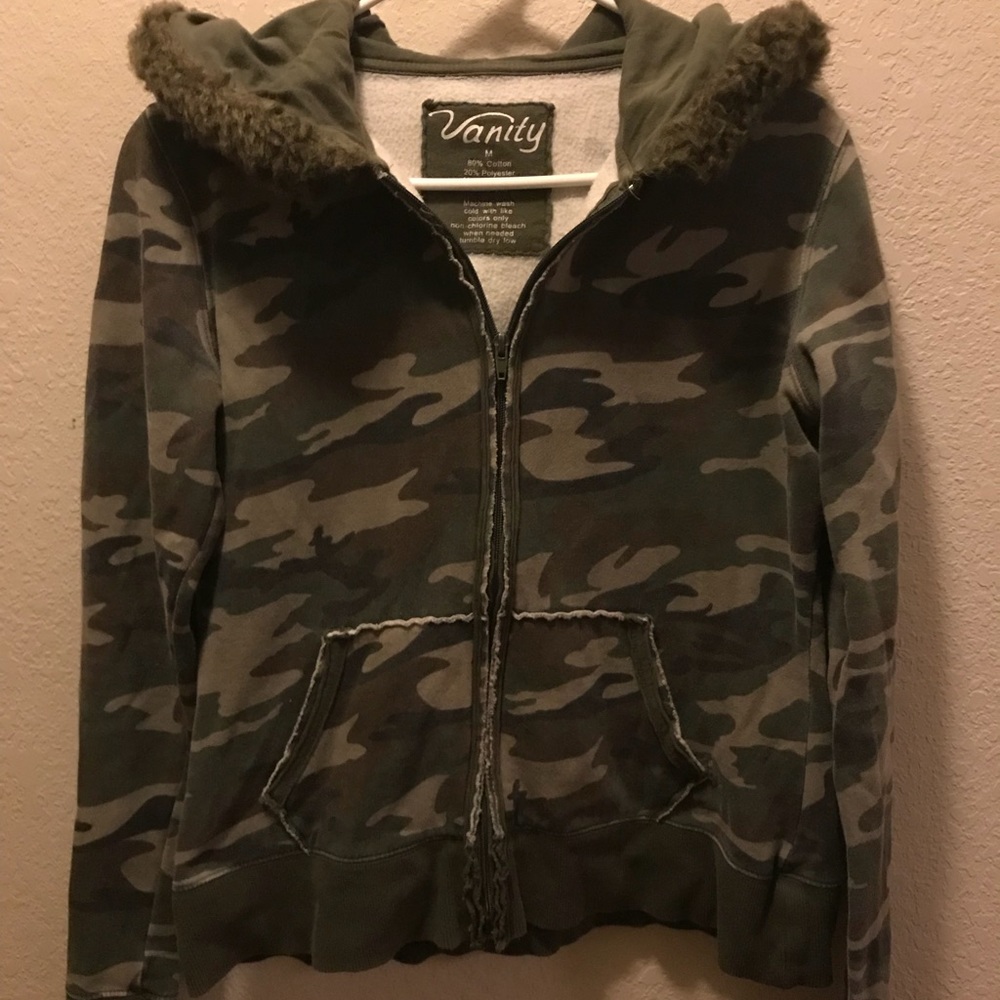 Vanity camo hooded fur jacket
