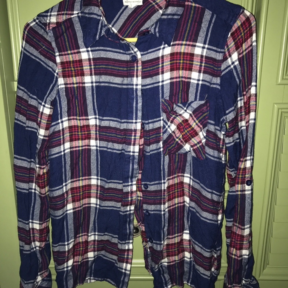 XS soft blue & pink plaid open back button down