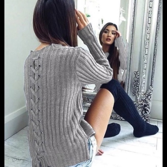 Sweaters - Gray Lace Up Ribbed Sweater NWOT