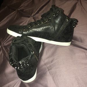 F21 Black Leather Hi-Top Studded Sneakers
