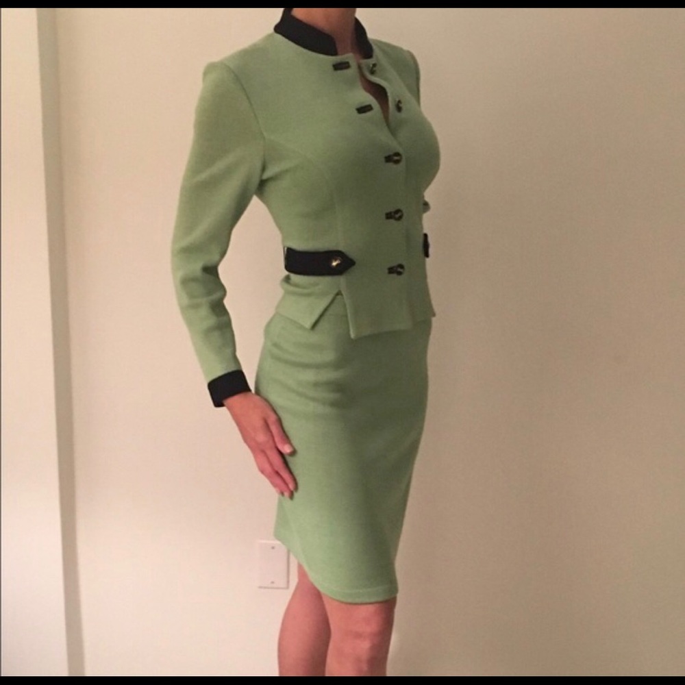 St John Skirt Suit Navy and Green