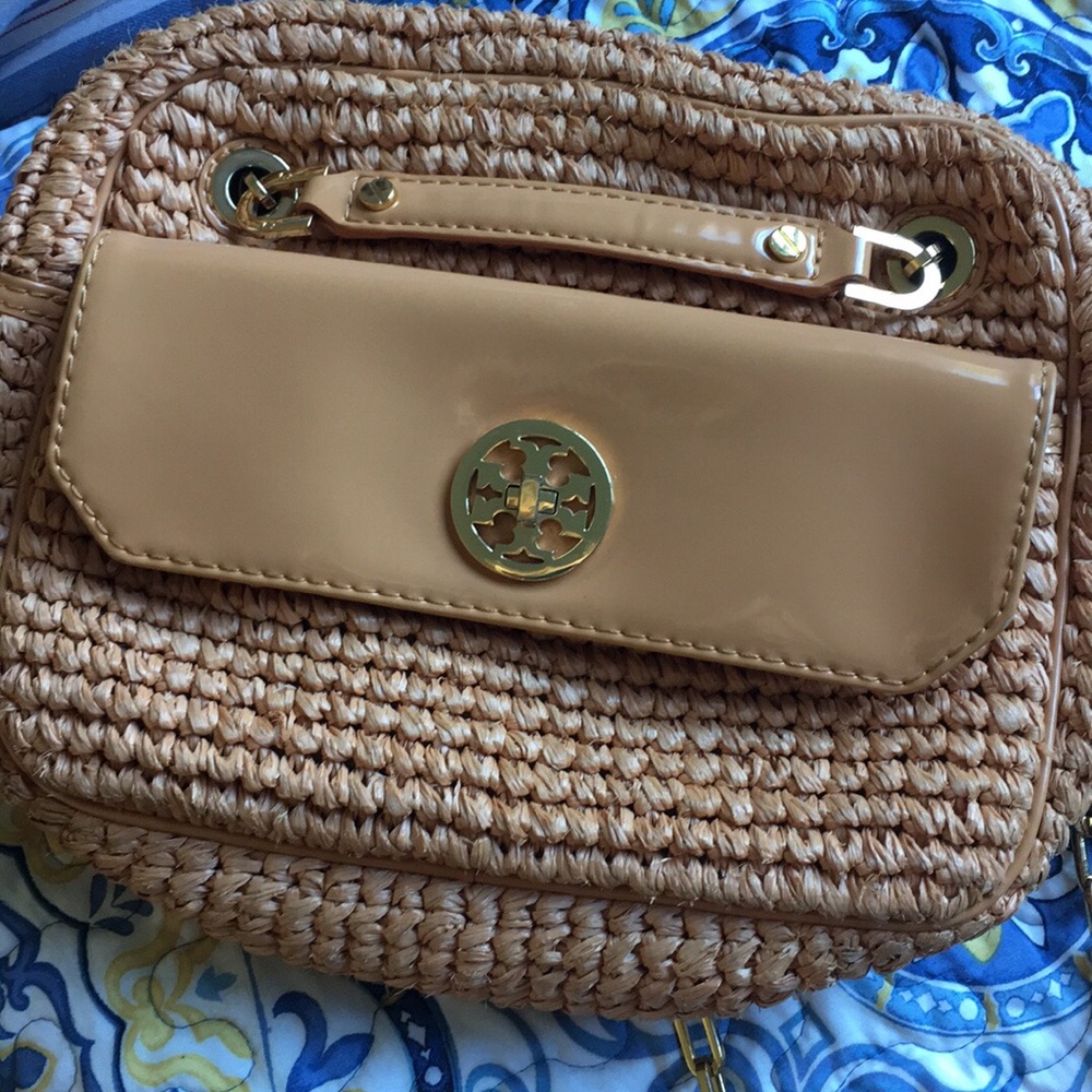 Tory Burch raffia/leather beige crossbody purse