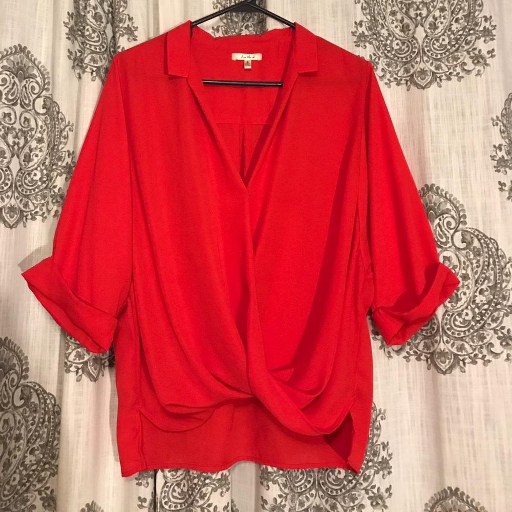 Red draped front top with cross front with snap