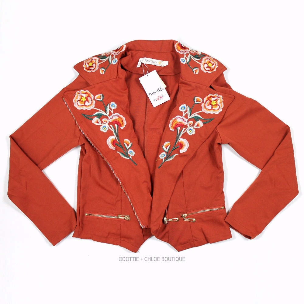 Floral Embroidered Rust Orange Moto Jacket - Picture 3 of 8