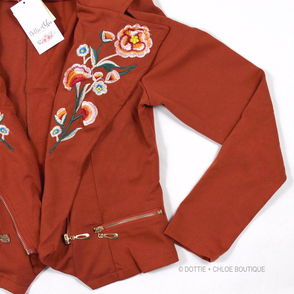 Floral Embroidered Rust Orange Moto Jacket - Picture 6 of 8