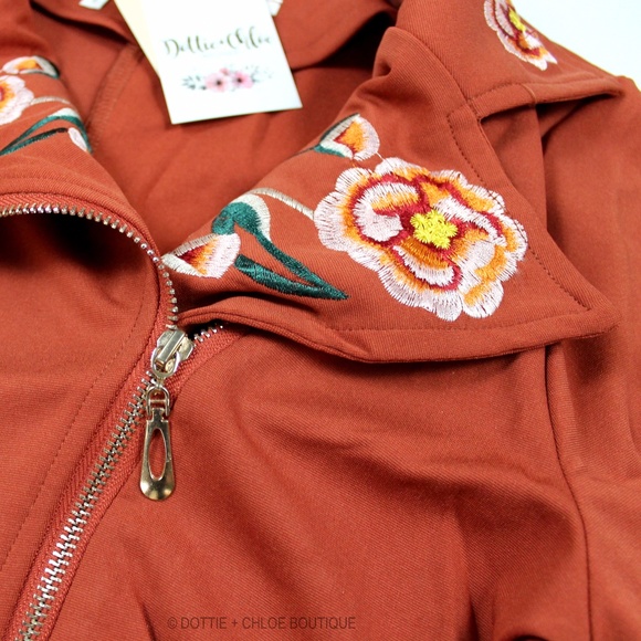 Floral Embroidered Rust Orange Moto Jacket - Picture 7 of 8