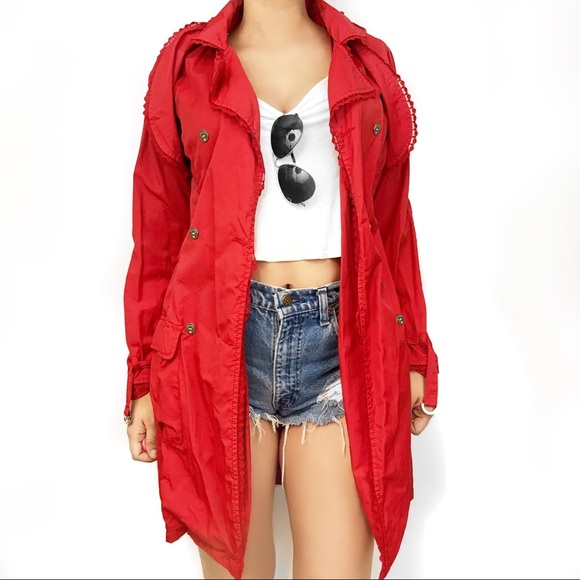 Escada Jackets & Blazers - Escada red lace trim ruffle trench coat
