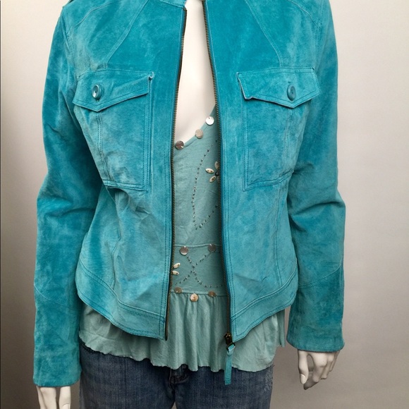 Allan Denis Turquoise Suede zip front jacket Sz S - Picture 2 of 5
