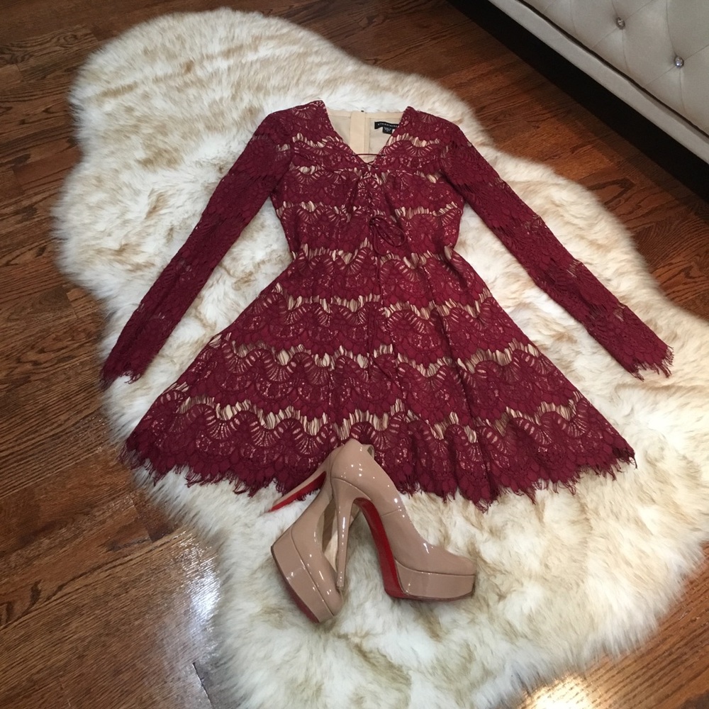 Burgundy Stylestalker lace & nude cocktail dress.