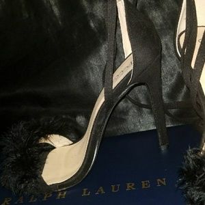 Black Open Toe Fur Heels - Size 8