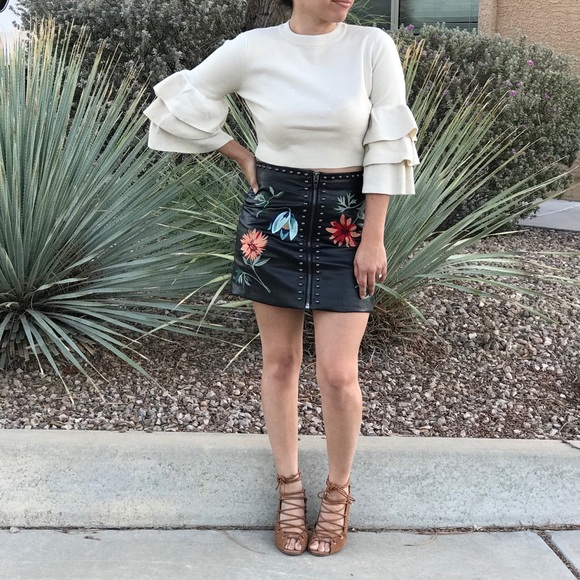 LAST ONE Embroidered Faux Leather Skirt - Picture 3 of 6