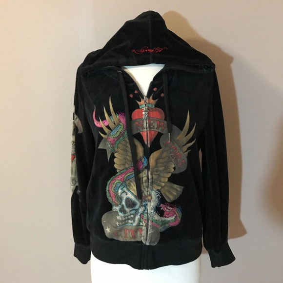 Ed Hardy Tops - Ed Hardy Black Velour Hoodie