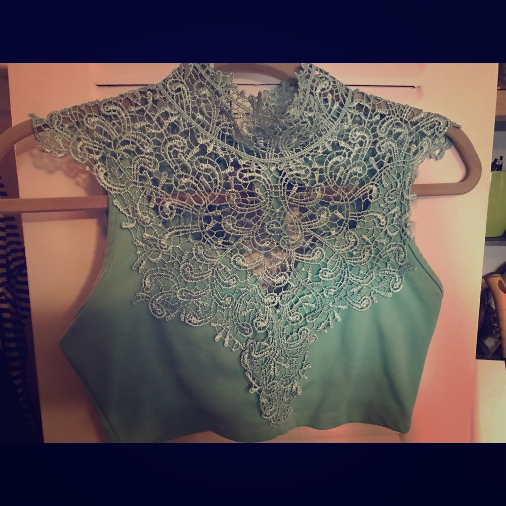 Green embellished crop top