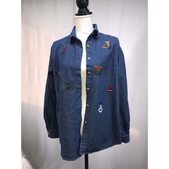 Denim Button Up Holiday Shirt - Picture 2 of 7