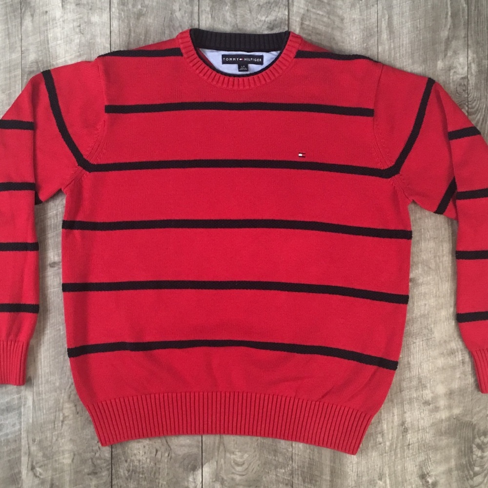 Tommy Hilfiger Red Sweater, Navy Stripes - LARGE
