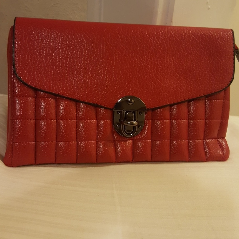 Red  clutch with  shoulder and wristlet strap