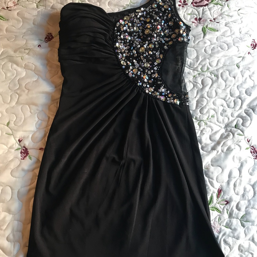 Black stud mini dress, one shoulder