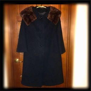 Vntg. ILGWU Black Wool Coat w/ Genuine Fur Collar.