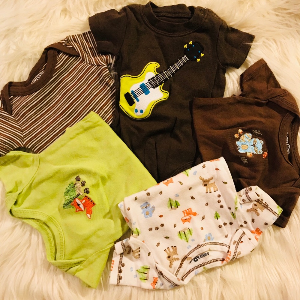 Lot of 5 Newborn Boys - Woodland onesies