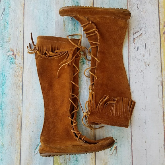 Minnetonka Shoes - Minnetonka Lace Up Fringe Leather Mocassin Boots 9