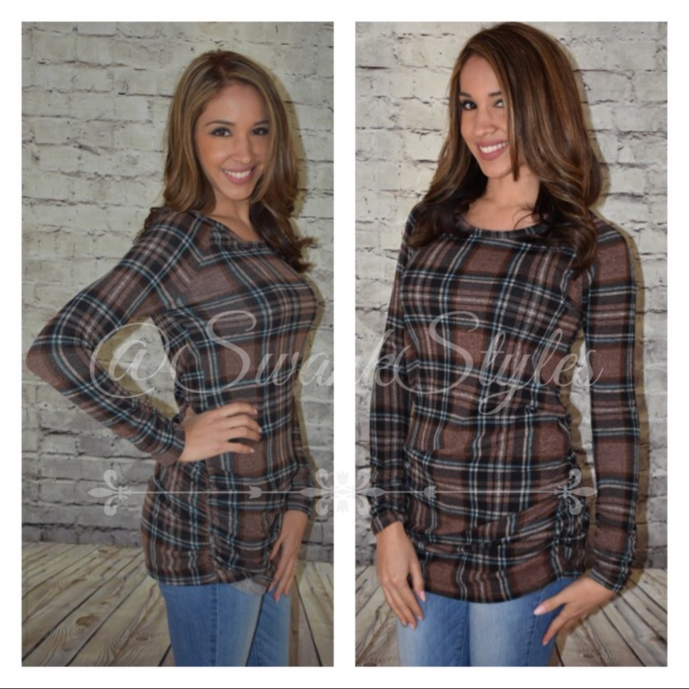 Long Sleeve Mocha Plaid Tunic Top - Picture 2 of 3