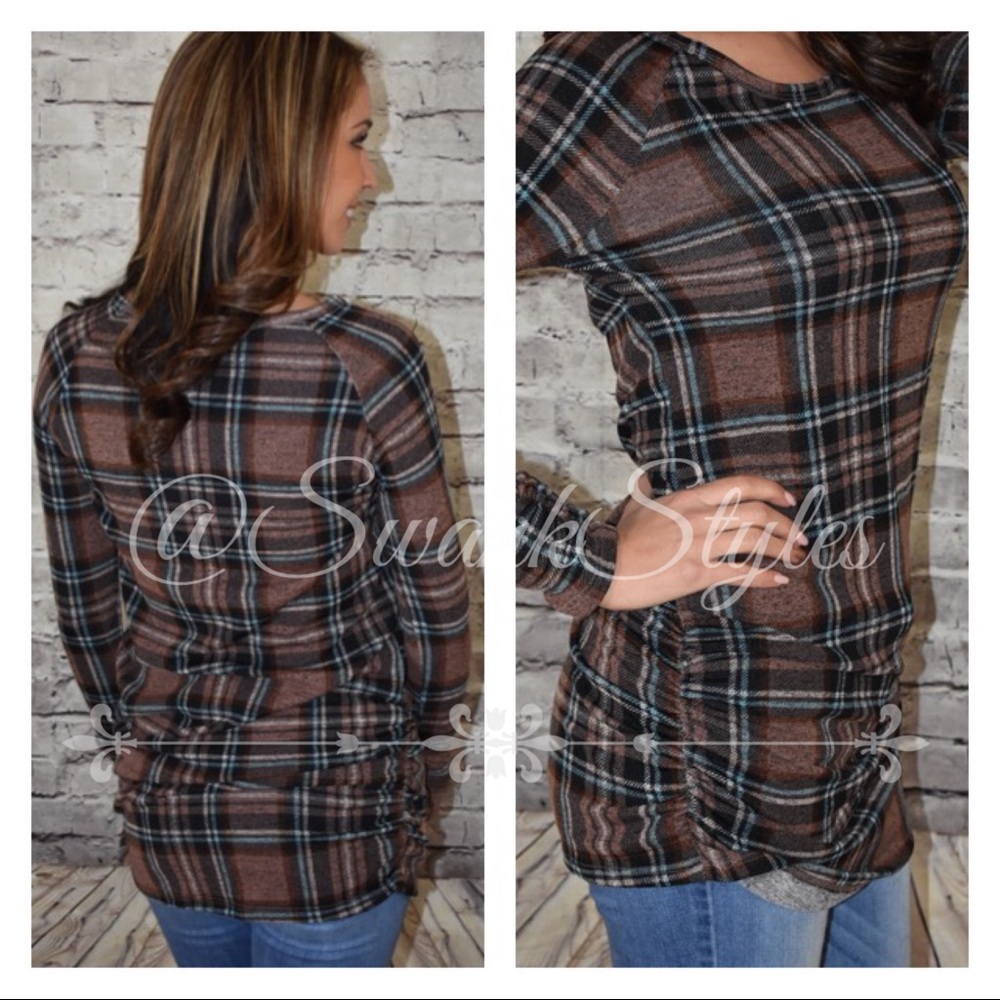 Long Sleeve Mocha Plaid Tunic Top - Picture 3 of 3