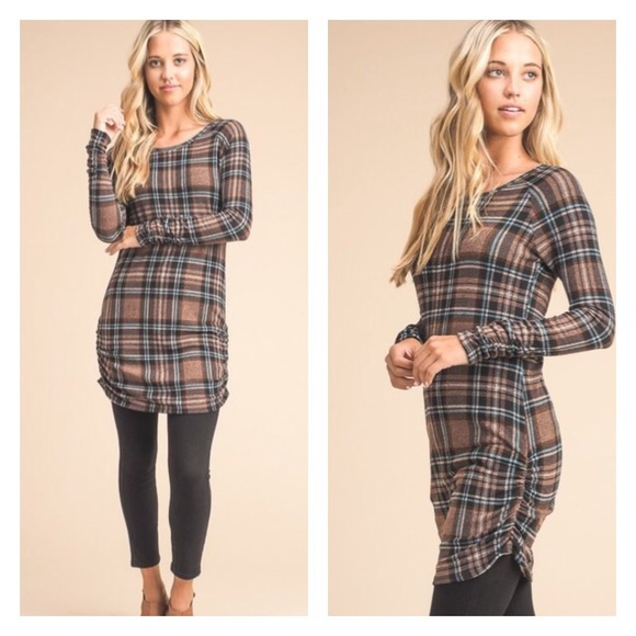 Long Sleeve Mocha Plaid Tunic Top - Picture 1 of 3