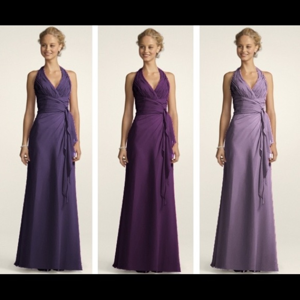 David's Bridal chiffon bridesmaids dress hydrangea