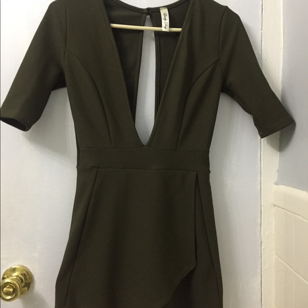 Low V cut olive green romper sz Small