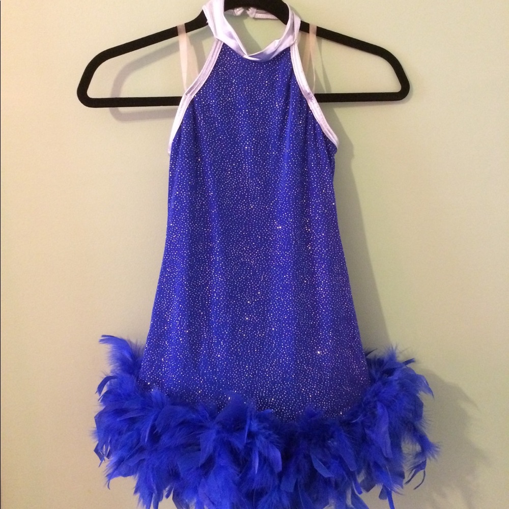 Space dance costume with feathered trim