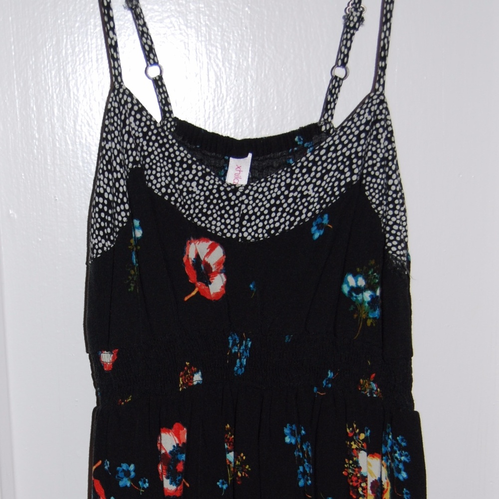 Black Floral Spaghetti Strap Dress with Small Tear