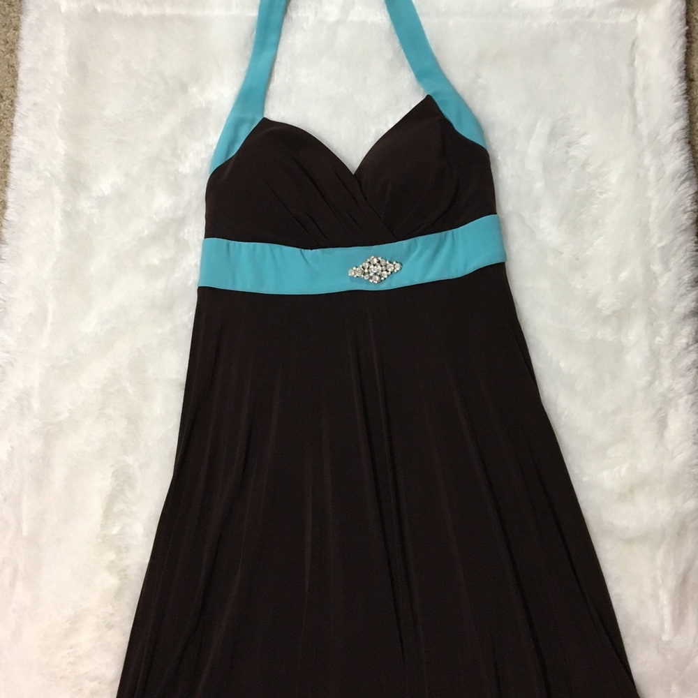 Brown and teal evening dress