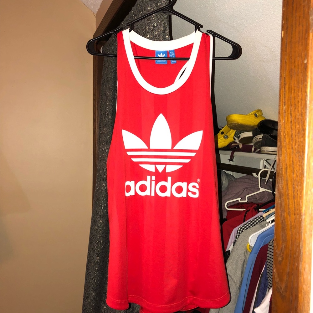 Red adidas trefoil tank jersey