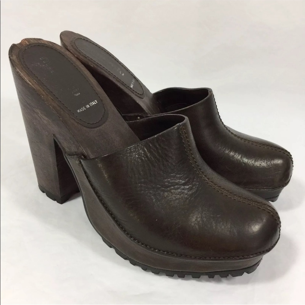 Miu Miu Wood Platform Heel Clogs Brown Leather
