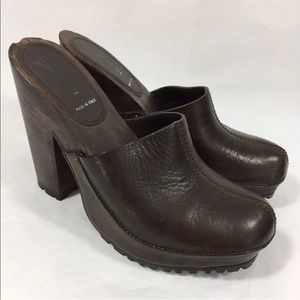 Miu Miu Wood Platform Heel Clogs Brown Leather