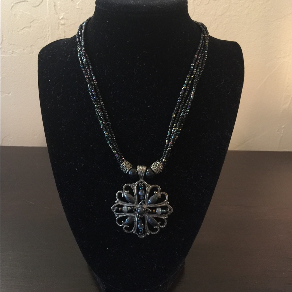 Black iridescent pendant necklace